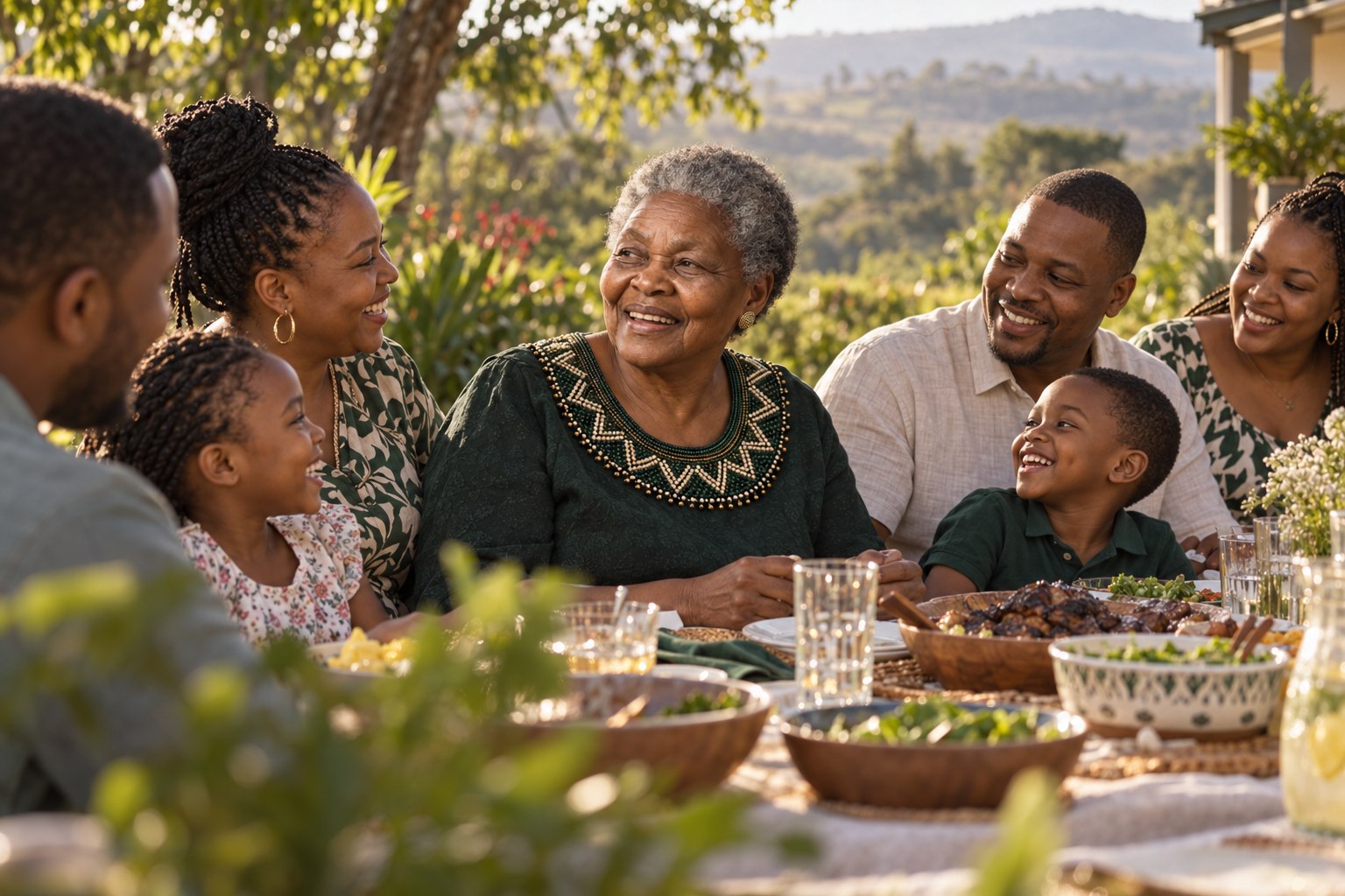 Nomusa surrounded by family at a Sunday lunch